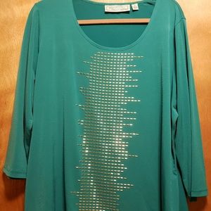 Turquoise 3/4 Sleeve Blouse with Gold Metal Decal